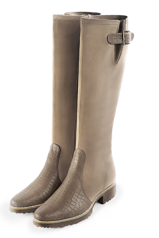 Bronze beige women's knee-high boots with buckles. Round toe. Flat rubber soles. Made to measure. Front view - Florence KOOIJMAN